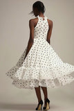 Ruffled White Black Tulle Polka Dot Dress