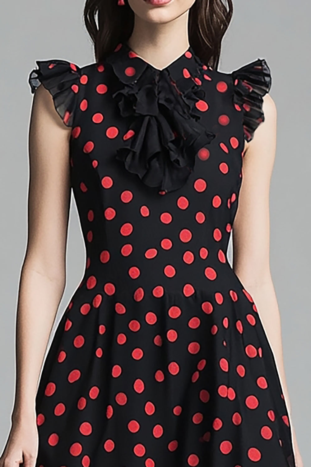 Black A Line Ruffled Midi Red Polka Dot Dress
