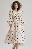 Ivory A Line Puff Sleeve Ruffled Black Polka Dots Dress