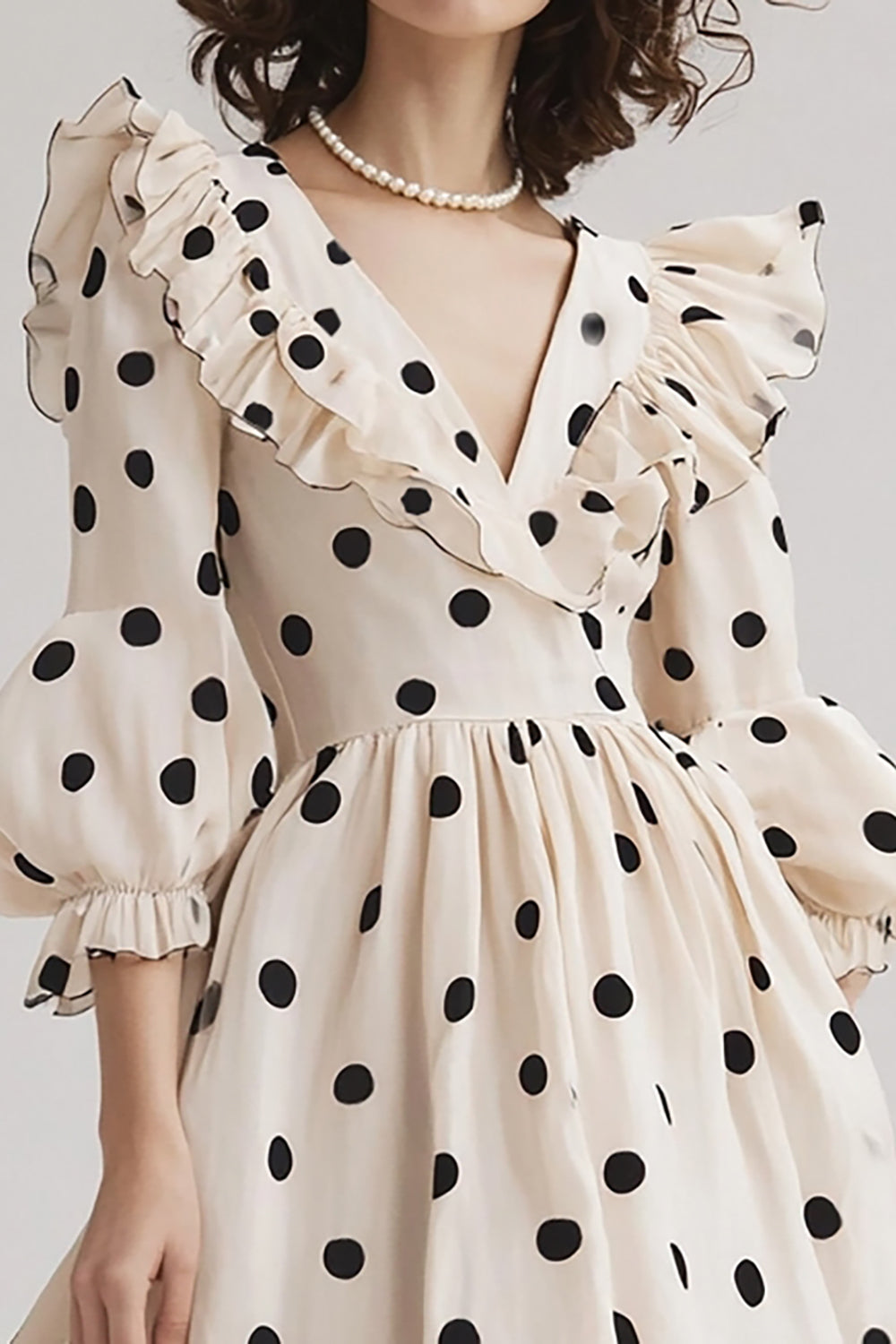 Ivory A Line Puff Sleeve Ruffled Black Polka Dots Dress