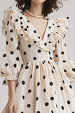 Ivory A Line Puff Sleeve Ruffled Black Polka Dots Dress