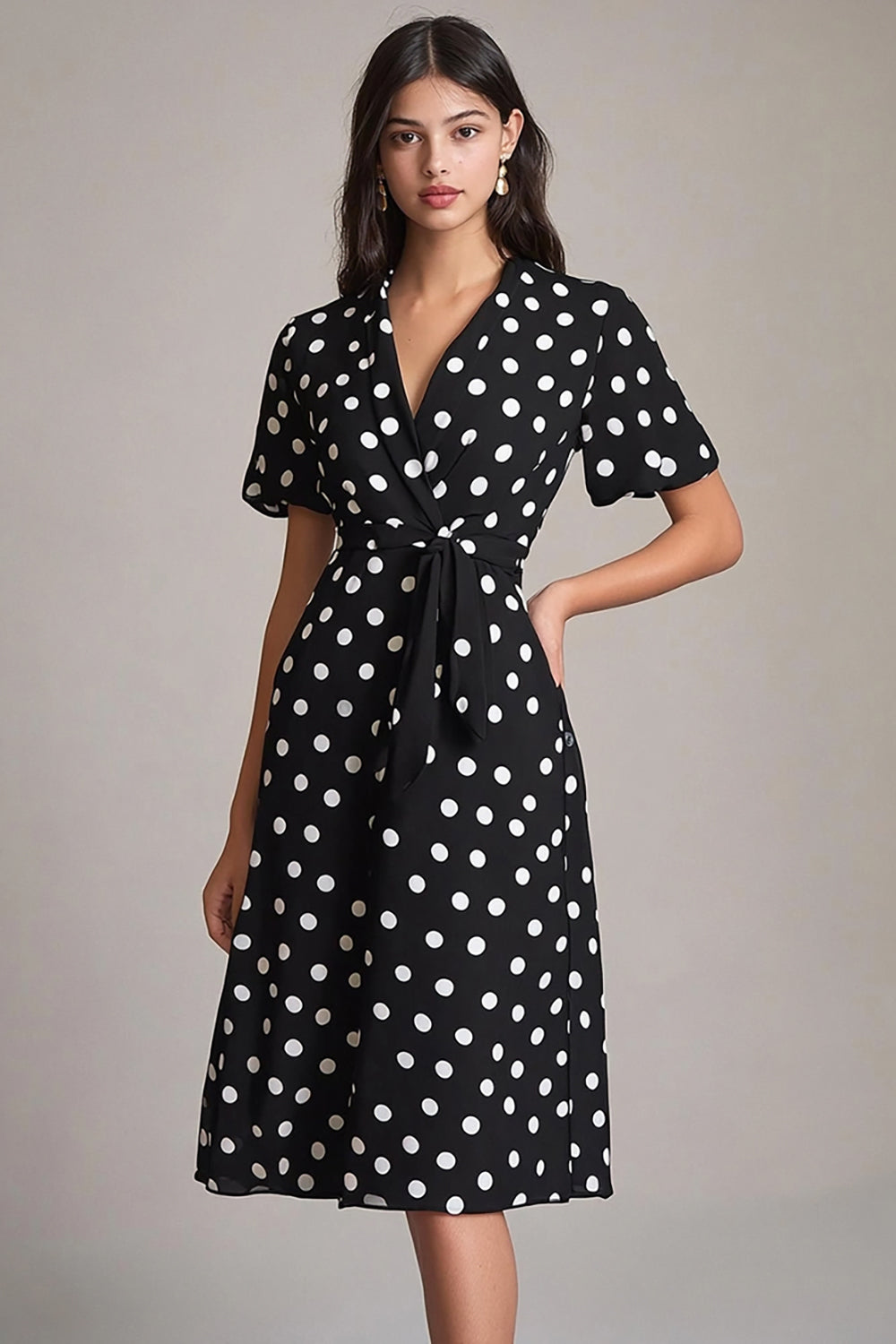 Black White A Line Midi Polka Dot Dress