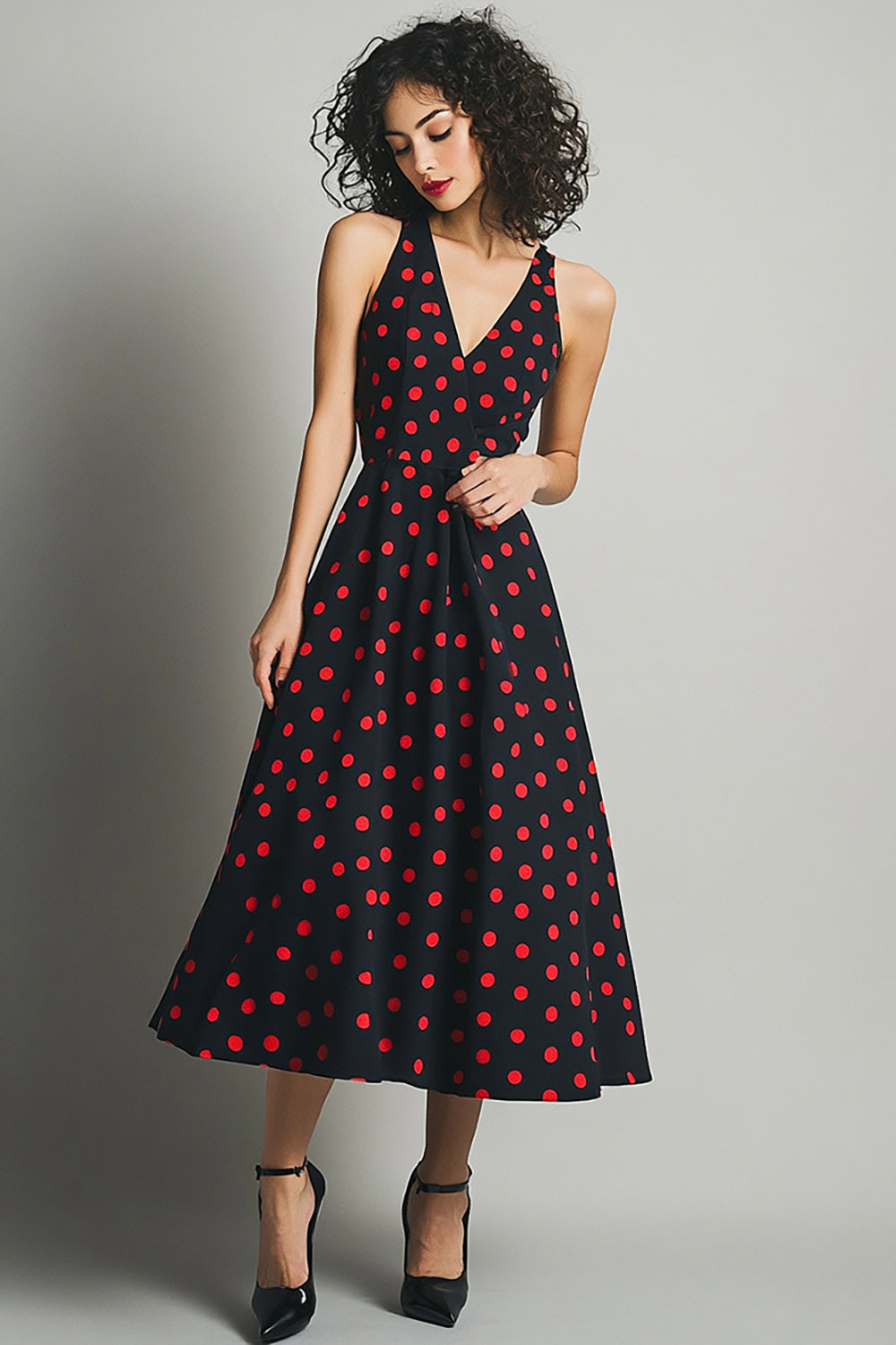 Black V-Neck Red Polka Dot Dress