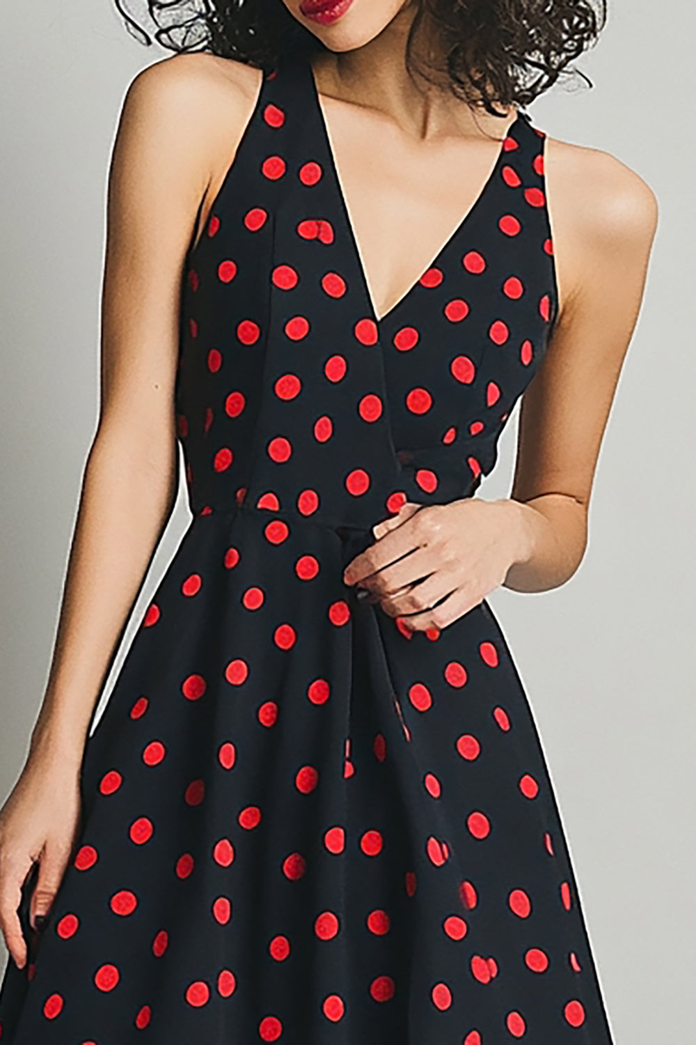 Black V-Neck Red Polka Dot Dress