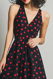 Black V-Neck Red Polka Dot Dress