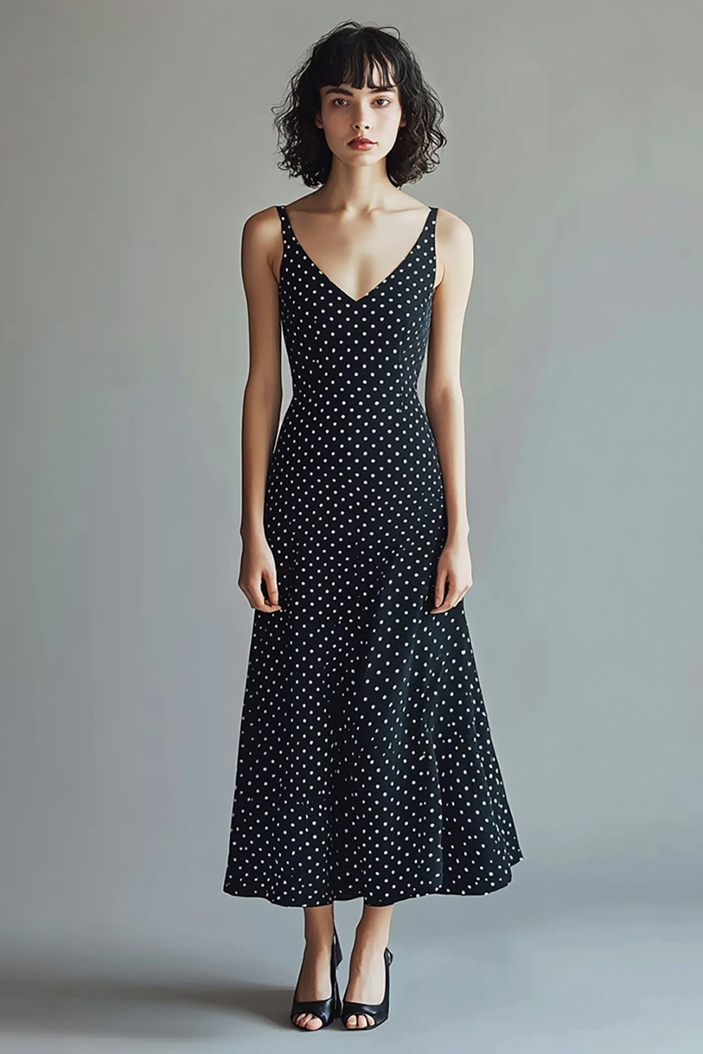 Black A Line Midi White Polka Dot Dress
