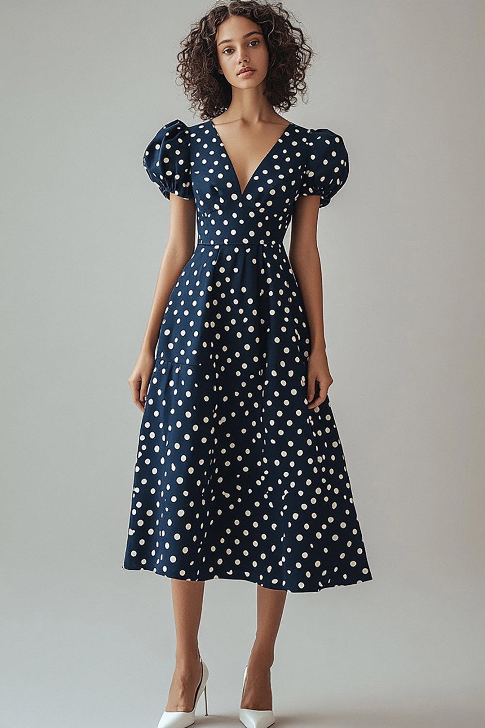 Navy White A Line Midi Polka Dot Dress with Puff Sleeves