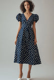 Navy White A Line Midi Polka Dot Dress with Puff Sleeves