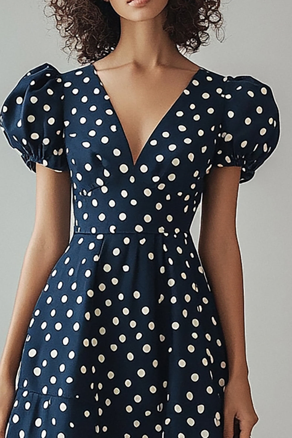 Navy White A Line Midi Polka Dot Dress with Puff Sleeves