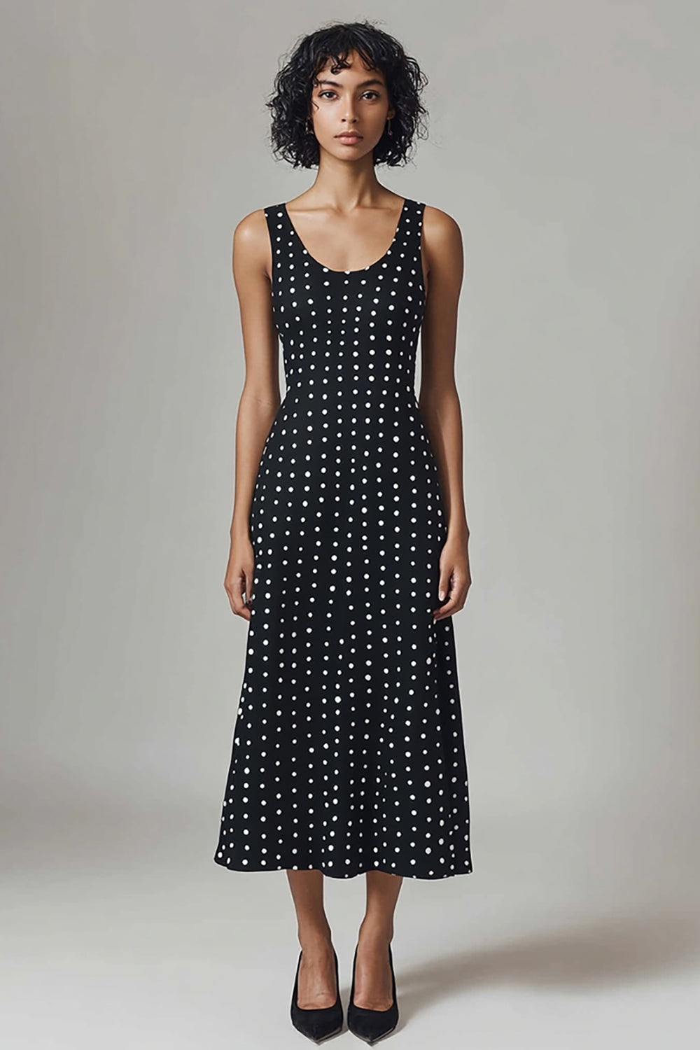 Black A Line Scoop Neck White Polka Dot Dress