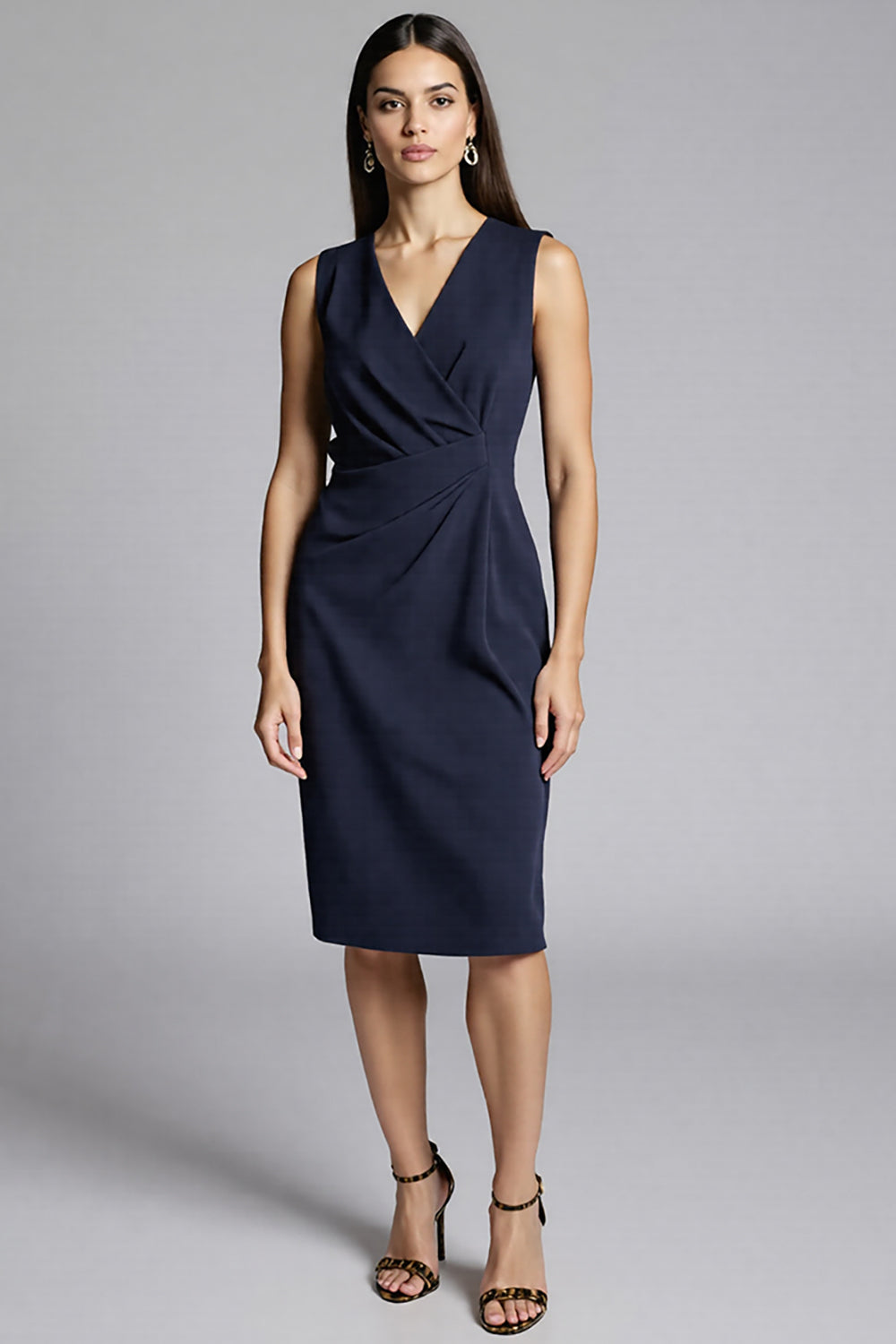 Navy Sheath V-Neck Midi Dress