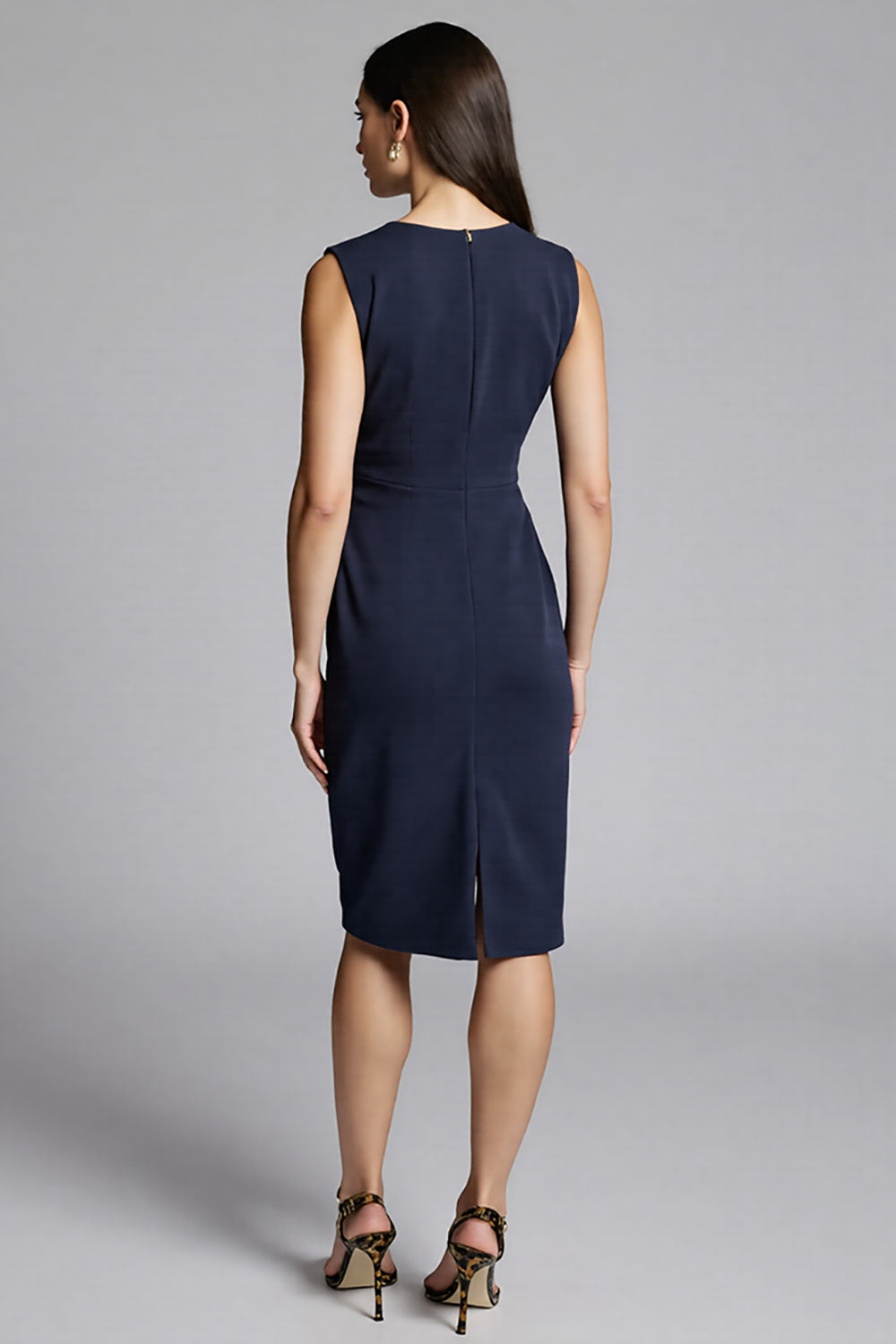 Navy Sheath V-Neck Midi Dress