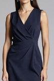 Navy Sheath V-Neck Midi Dress