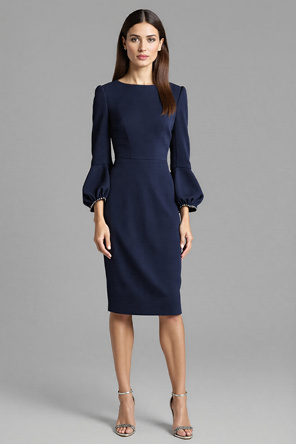Navy Sheath 3/4 Sleeve Midi Dress