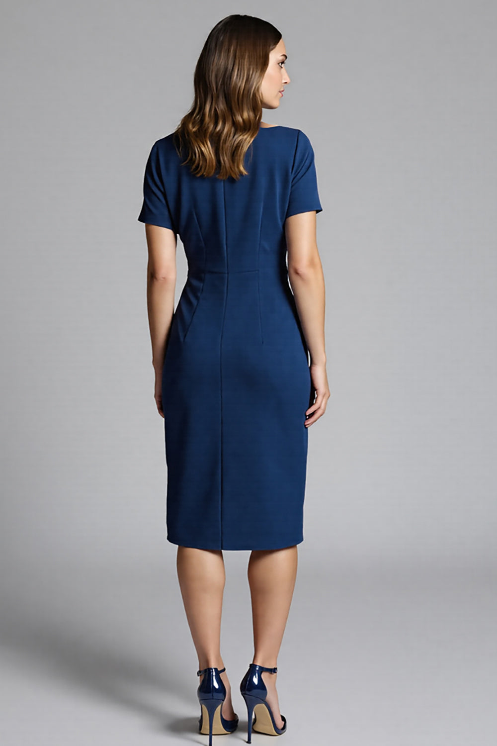 Navy Sheath Short Sleeve Midi Dress