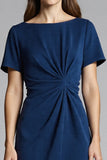 Navy Sheath Short Sleeve Midi Dress