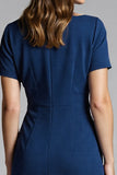 Navy Sheath Short Sleeve Midi Dress