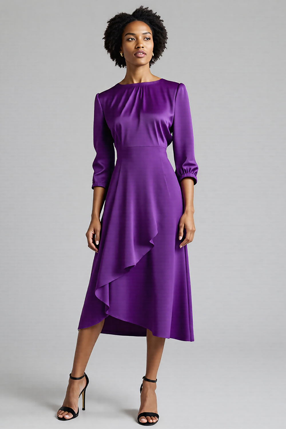 Ruffled Plum Satin A Line Midi Dress