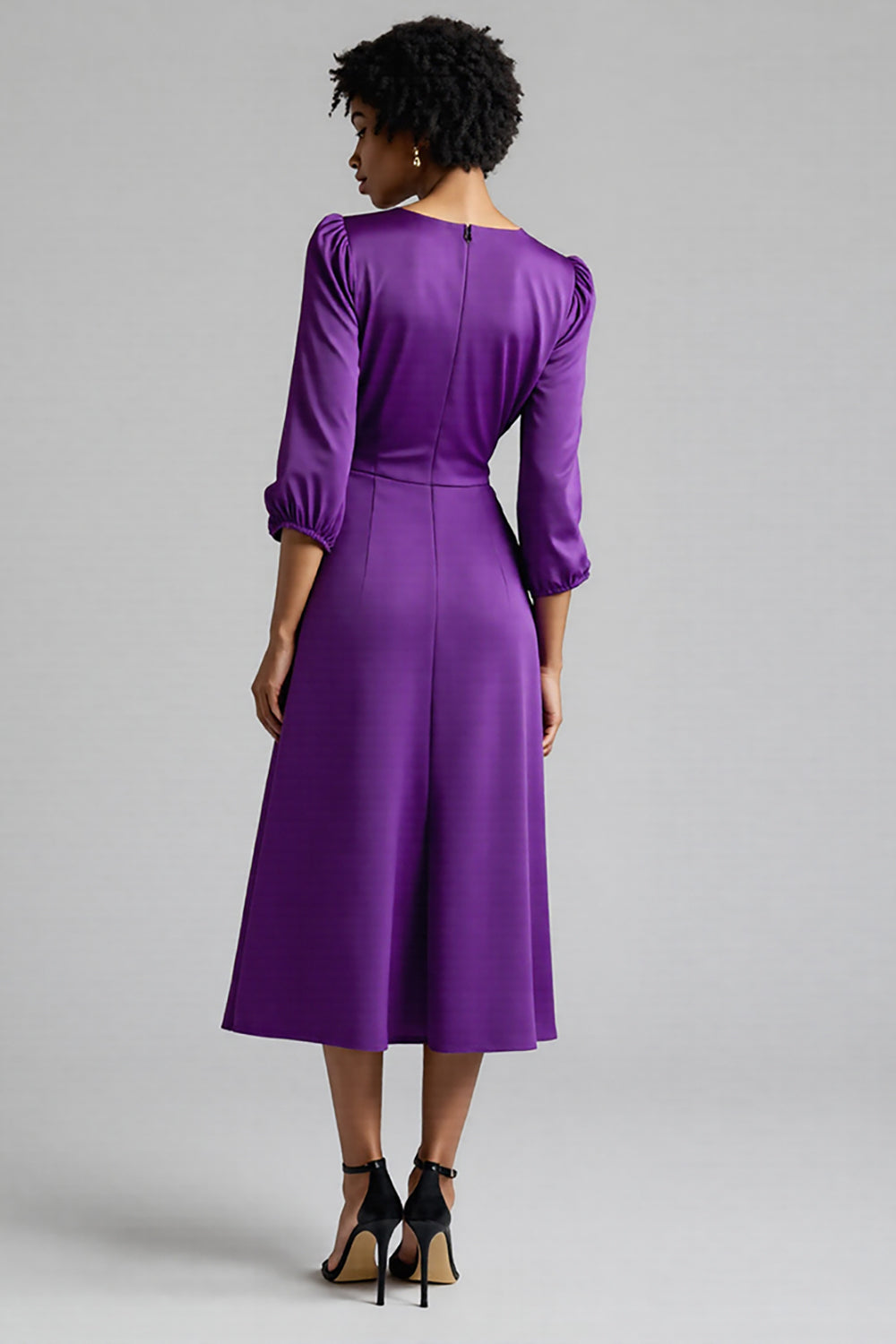 Ruffled Plum Satin A Line Midi Dress