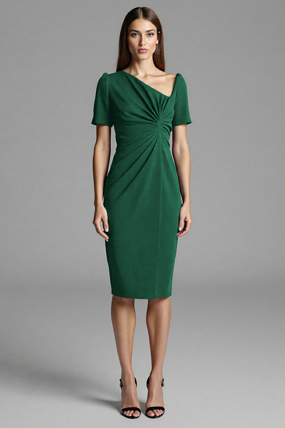 Navy Asymmetrical Ruched Midi Dress