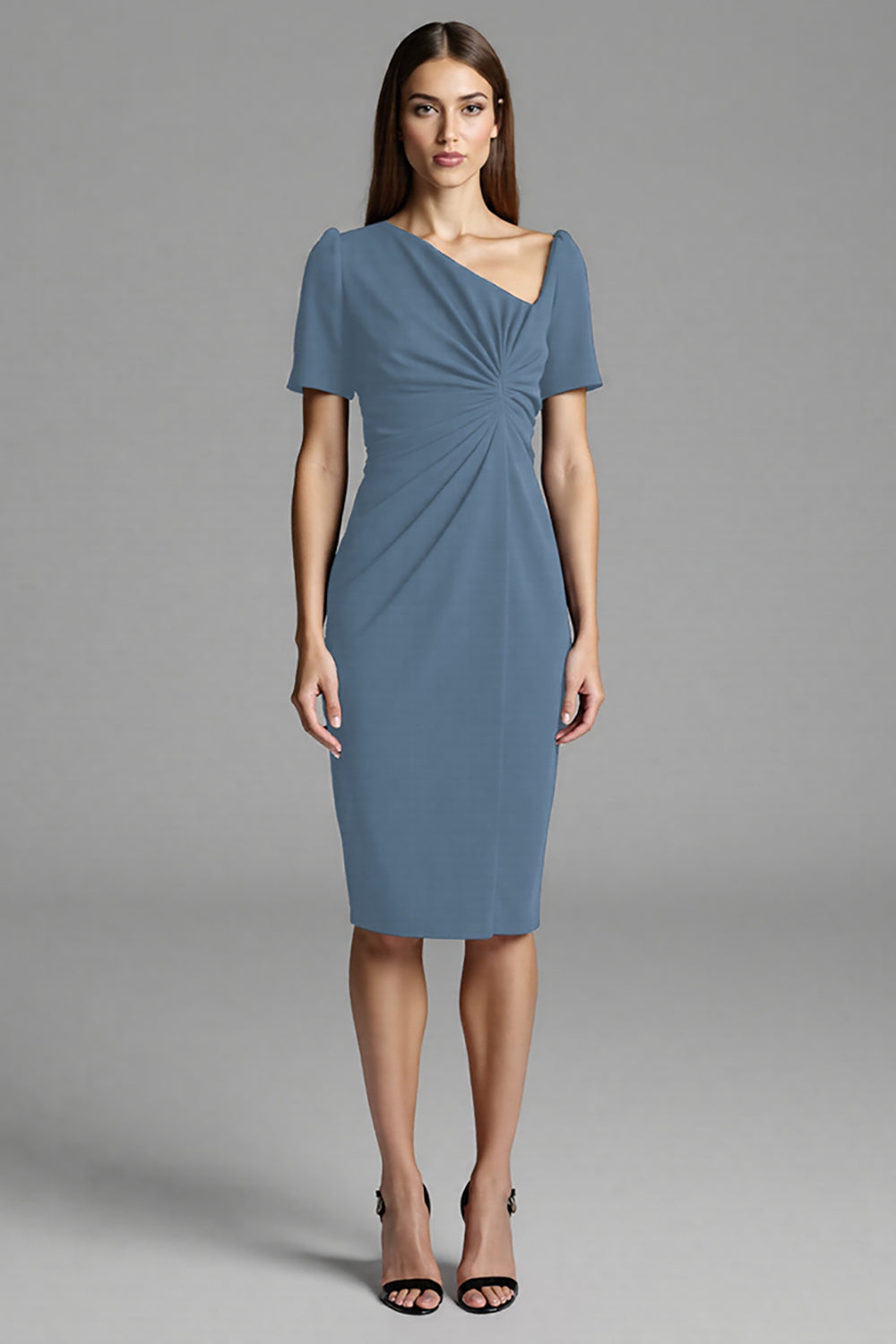 Navy Asymmetrical Ruched Midi Dress