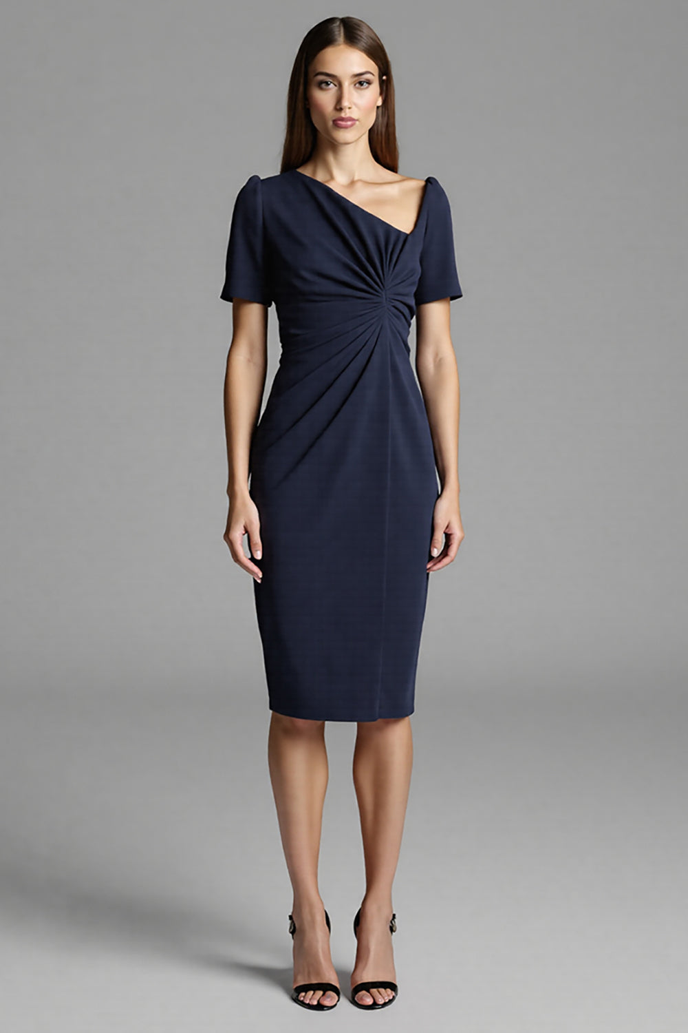 Navy Asymmetrical Ruched Midi Dress