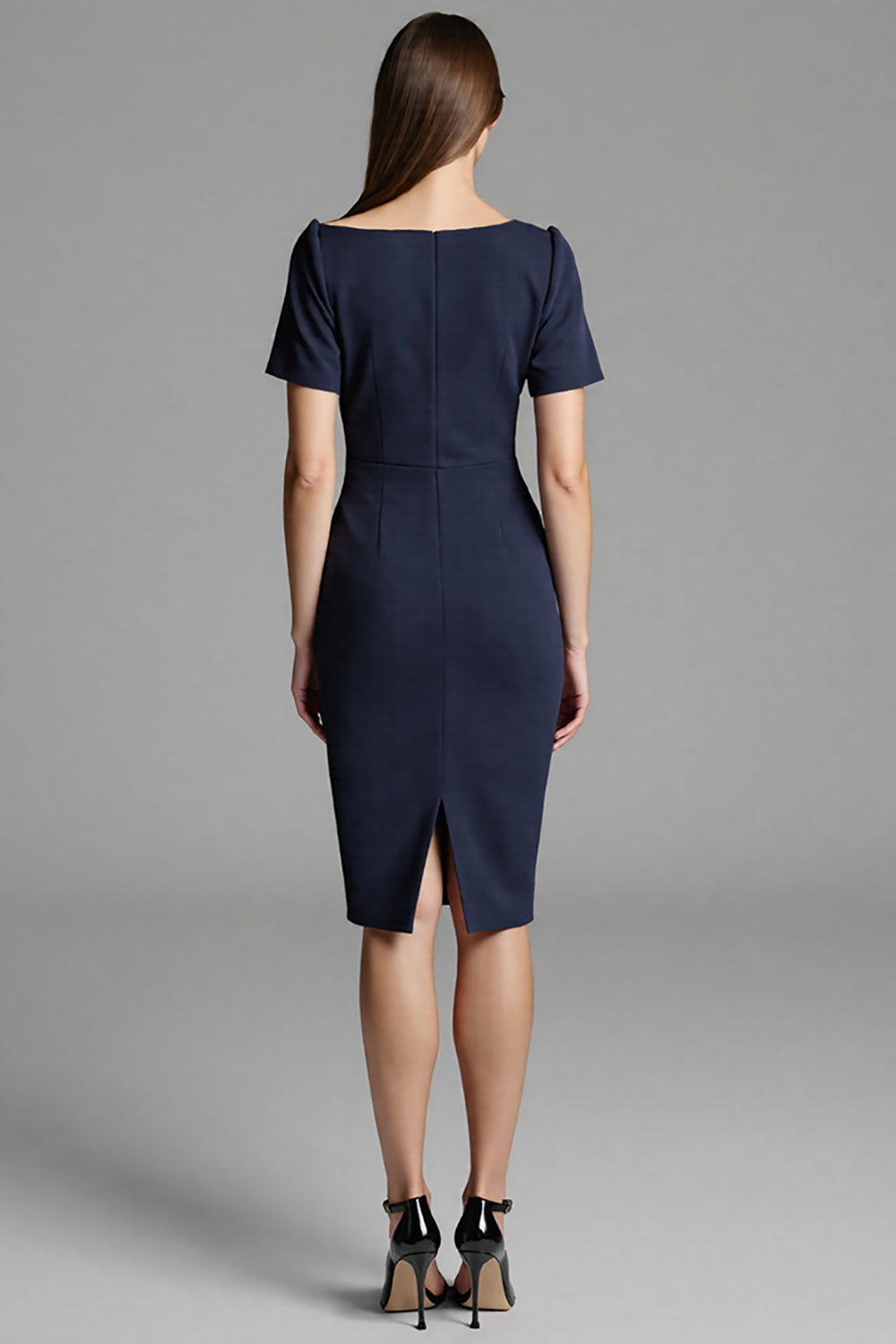 Navy Asymmetrical Ruched Midi Dress