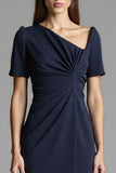 Navy Asymmetrical Ruched Midi Dress