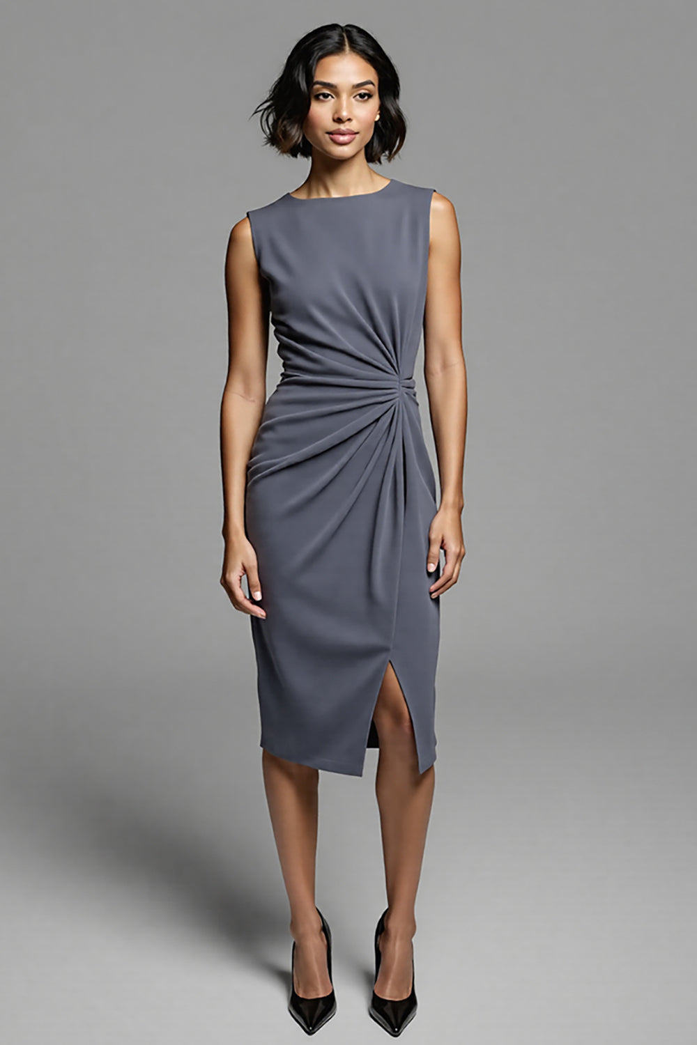 Grey Ruched Midi Dress with Slit