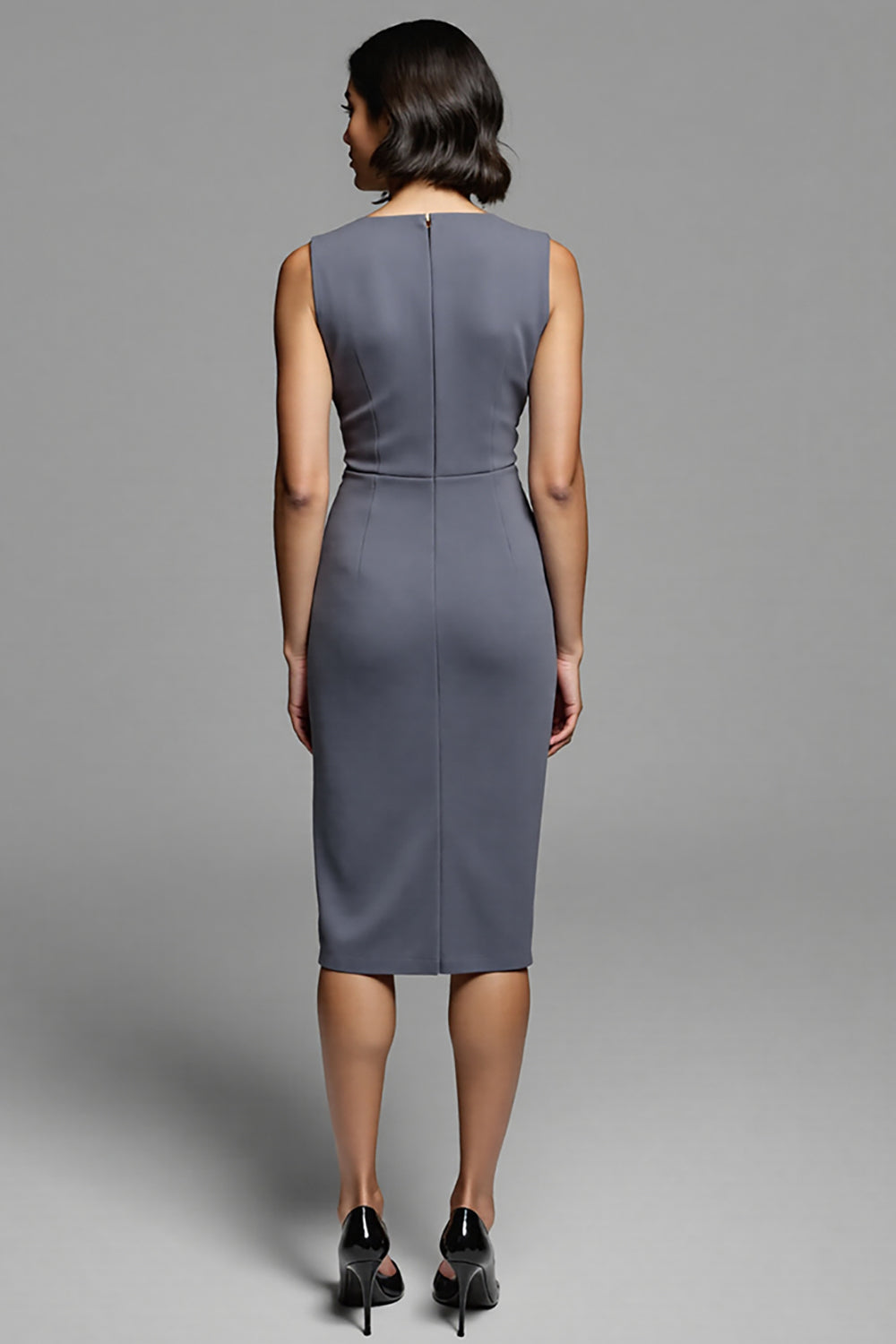 Grey Ruched Midi Dress with Slit