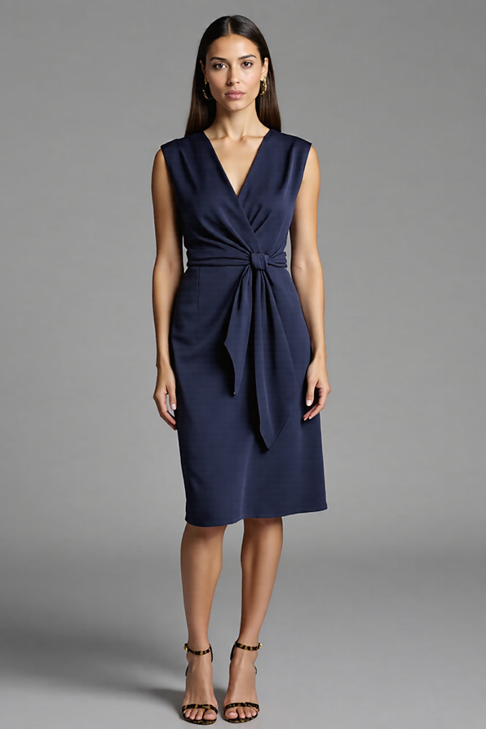 Navy Sheath V-Neck Midi Dress with Sash
