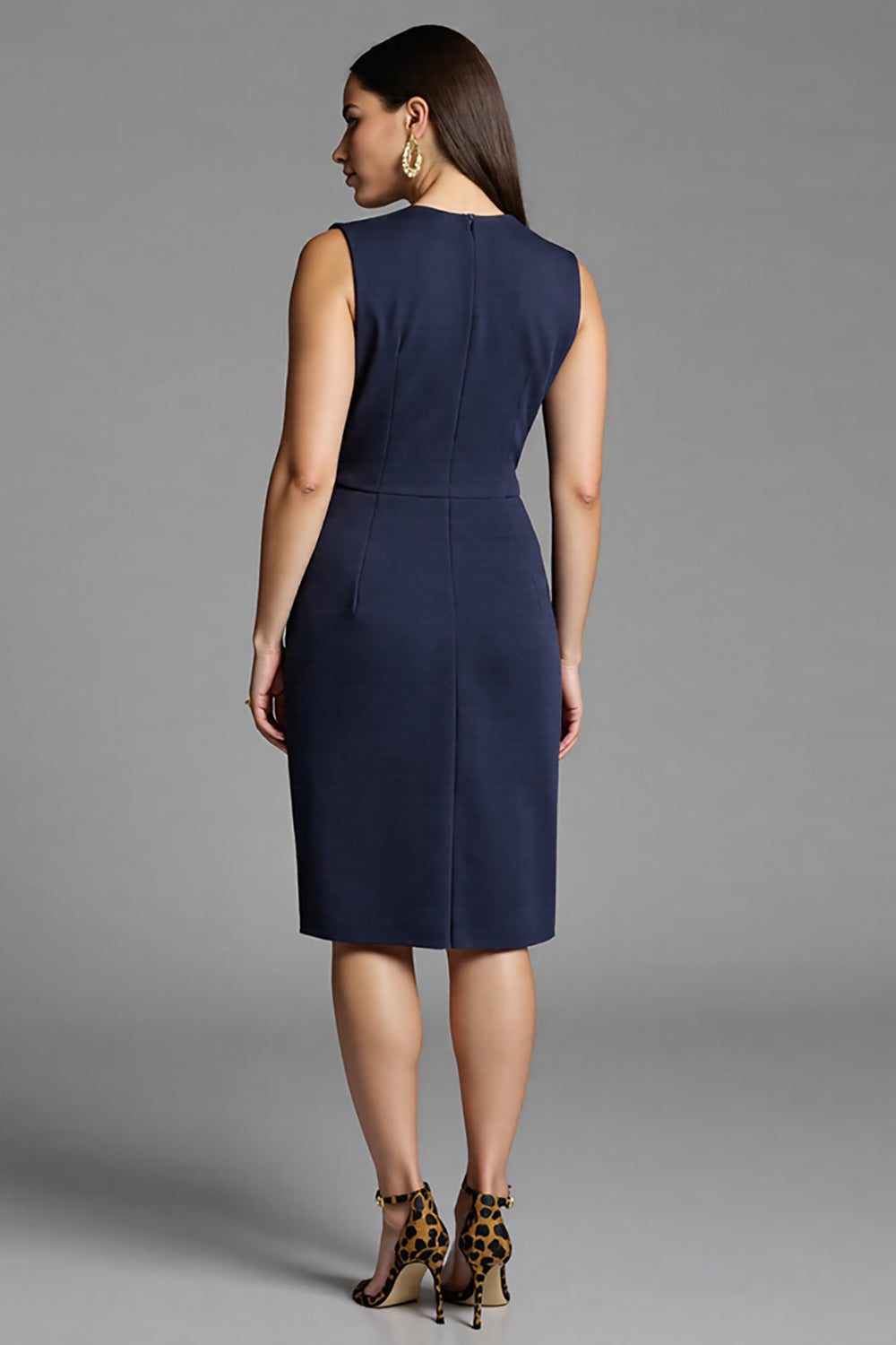 Navy Sheath V-Neck Midi Dress with Sash