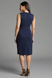 Navy Sheath V-Neck Midi Dress with Sash