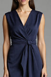 Navy Sheath V-Neck Midi Dress with Sash