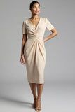 Ruched Champagne Bodycon Midi Dress
