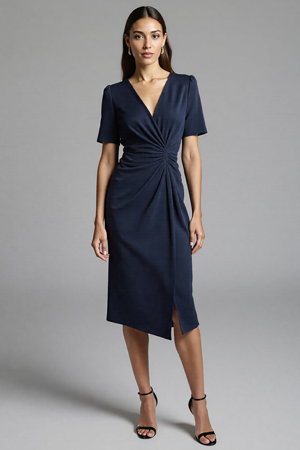 Ruched Navy Short Sleeve V-Neck Midi Dress