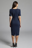 Ruched Navy Short Sleeve V-Neck Midi Dress