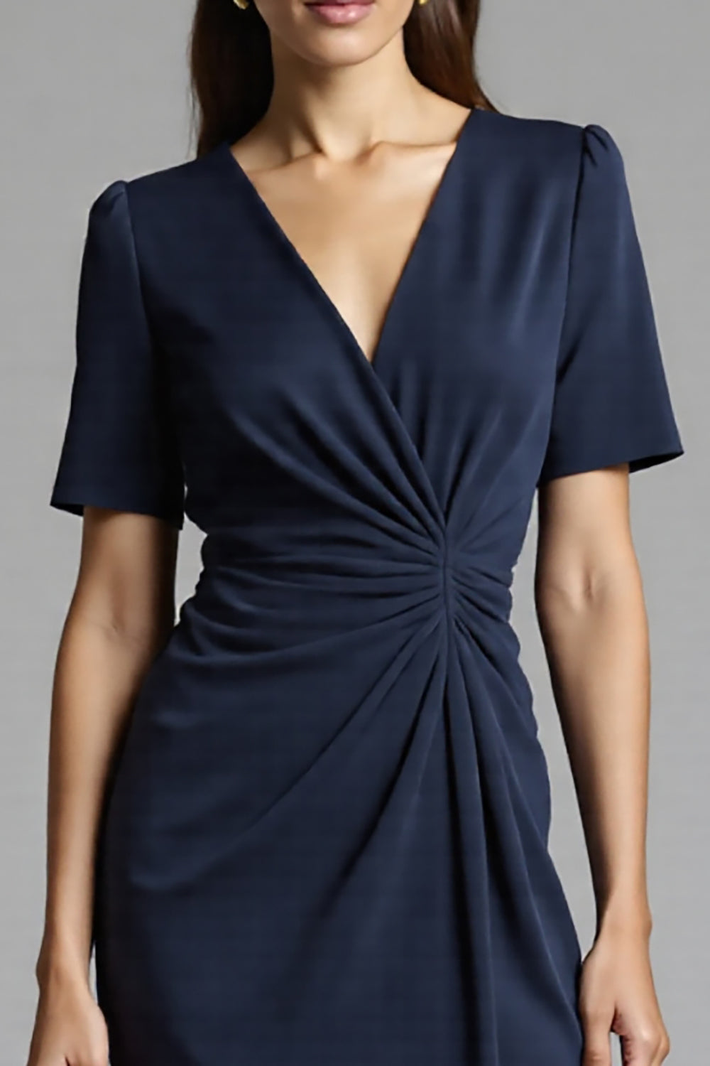 Ruched Navy Short Sleeve V-Neck Midi Dress