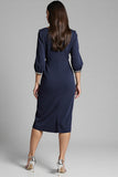 Navy V-Neck Sheath Midi Dress with 3/4 Sleeves