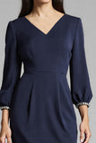 Navy V-Neck Sheath Midi Dress with 3/4 Sleeves