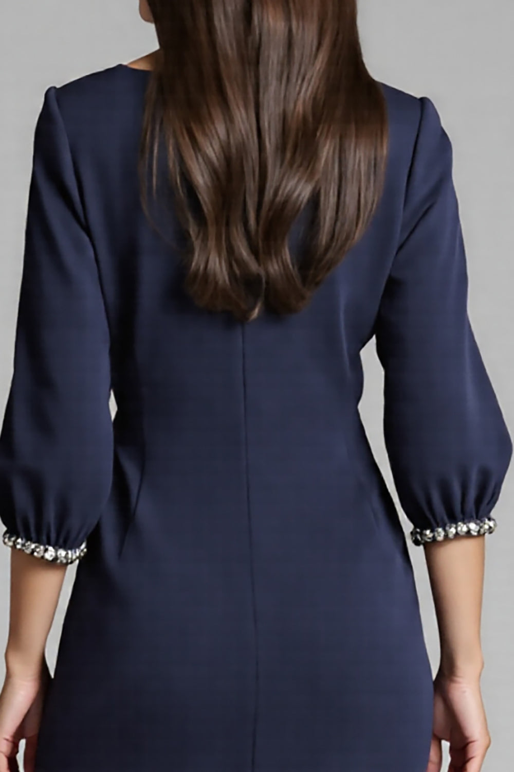 Navy V-Neck Sheath Midi Dress with 3/4 Sleeves