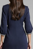 Navy V-Neck Sheath Midi Dress with 3/4 Sleeves