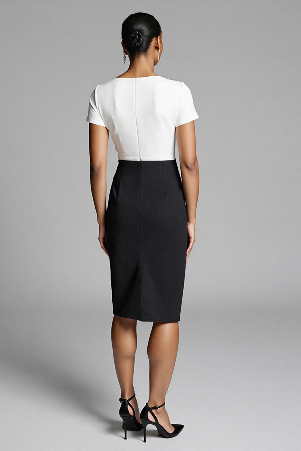 Ivory and Black Ruched Bodycon Midi Dress with Slit