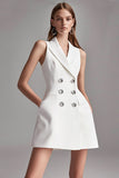 Ivory A Line V-Neck Mini Dress with Buttons