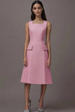 A Line Pink Square Neck Midi Dress