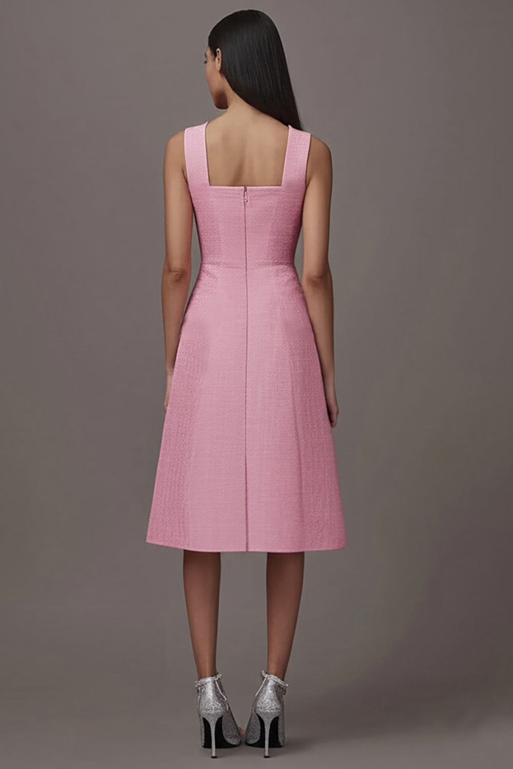 A Line Pink Square Neck Midi Dress