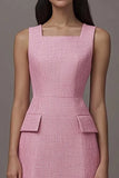 A Line Pink Square Neck Midi Dress