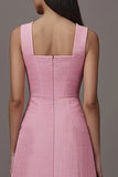 A Line Pink Square Neck Midi Dress