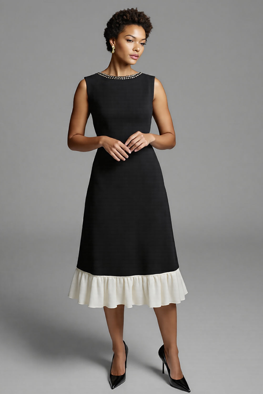 Black A Line Midi Dress with Ruffles