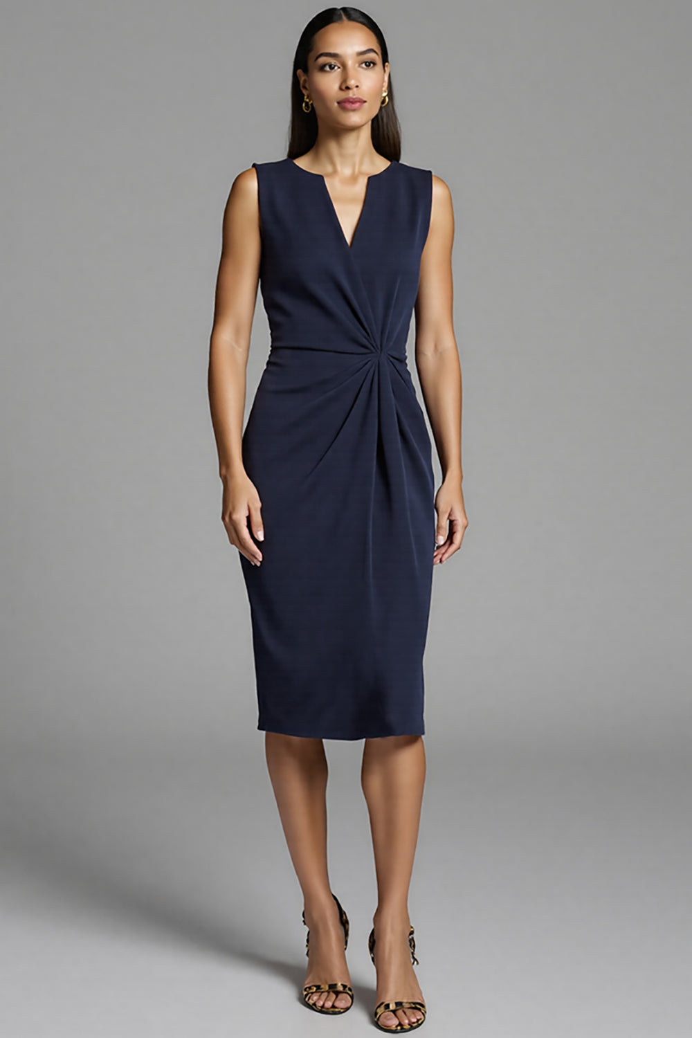 Navy Ruched Sheath V-Neck Midi Dress